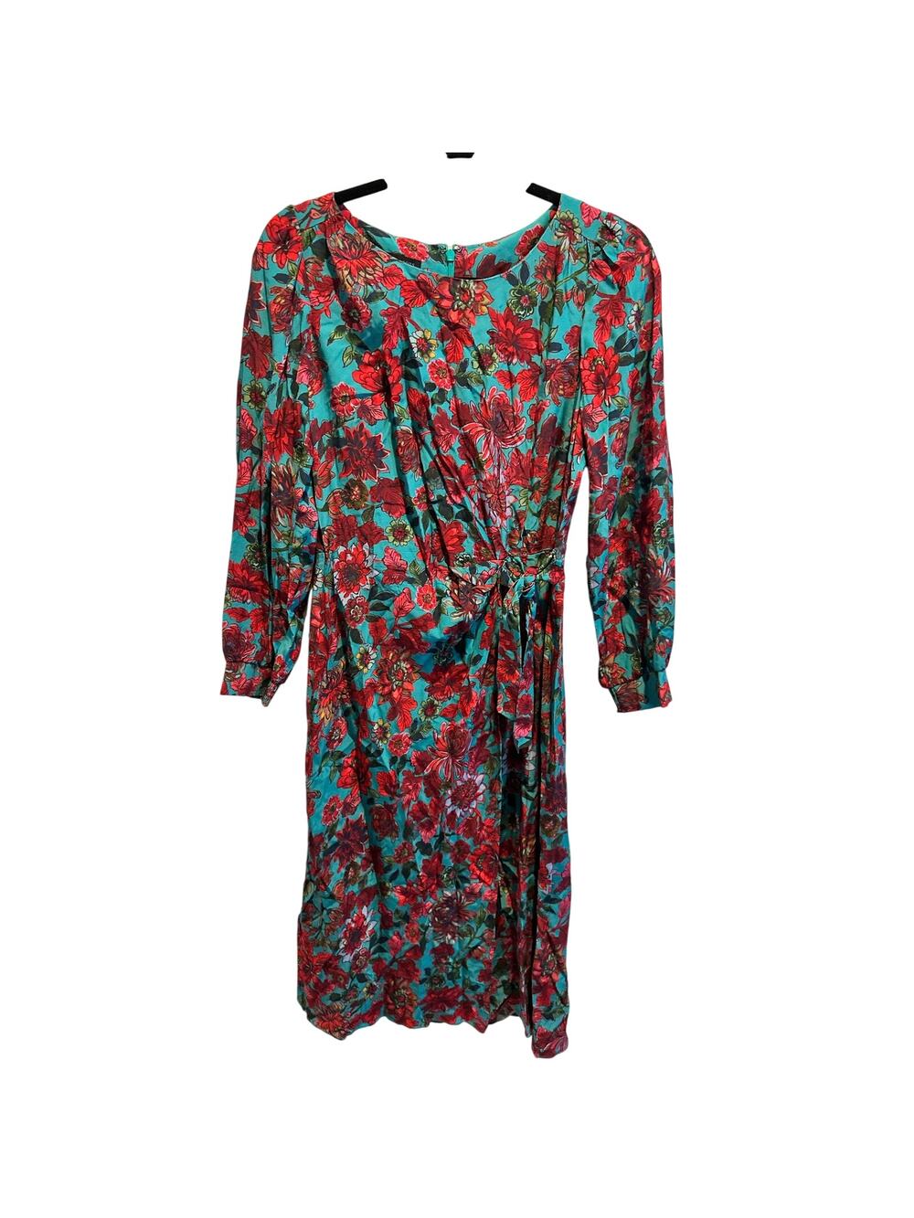 Talbots W’s Turquoise & Red Floral Tea Length Faux Wrap Dress Size 4